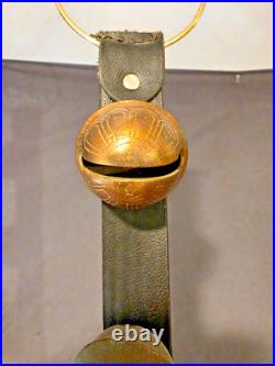 Antique Graduated Brass Sleigh Bells No. 5-9 on Leather Strap 20 -25 total