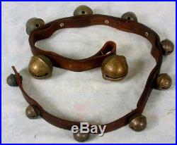 Antique Graduated Brass Sleigh Petal Bells withLeather Strap 11 Bell Various Size