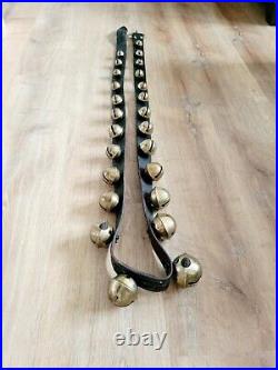 Antique Graduated Large Petal Sleigh Bells on Leather Strap 96 Long