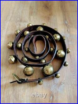 Antique Graduated Large Petal Sleigh Bells on Leather Strap 96 Long