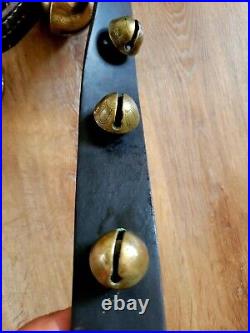 Antique Graduated Large Petal Sleigh Bells on Leather Strap 96 Long