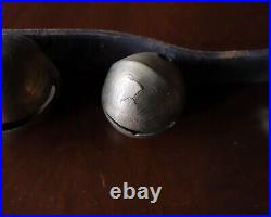 Antique Graduated Sleigh Bells on Leather Strap Engraved Petal Large Original