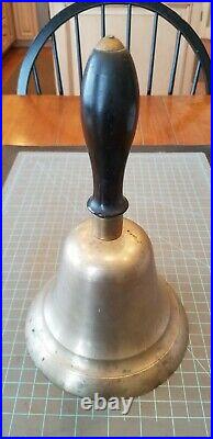 Antique HUGE Brass Wood Handle Hand Held School Bell Original Clapper 10 gw