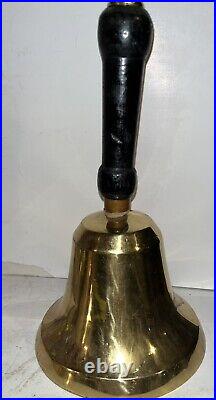 Antique HUGE Brass Wood Handle Hand Held School Bell Original Clapper 11+