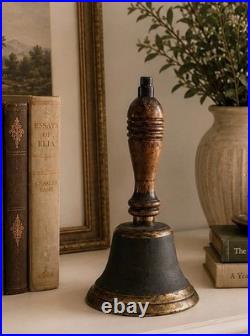 Antique Hand Bell Etched Brass Wood Handle Unique Ship Railroad School
