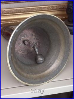 Antique Hand Bell Etched Brass Wood Handle Unique Ship Railroad School