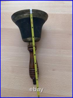 Antique Hand Bell Etched Brass Wood Handle Unique Ship Railroad School