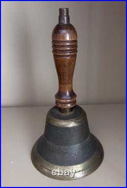 Antique Hand Bell Etched Brass Wood Handle Unique Ship Railroad School