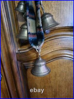 Antique Handmade Brass Bells On Wool Collar