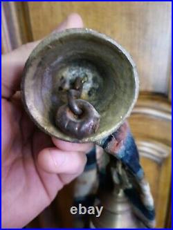 Antique Handmade Brass Bells On Wool Collar