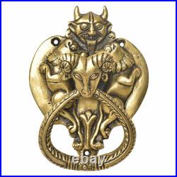 Antique Handmade Brass Demon Two Lions Ram Head Door Knocker Door Bell