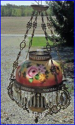 Antique Hanging Kerosene Oil Lamp Victorian Children floral shade prisms & bell