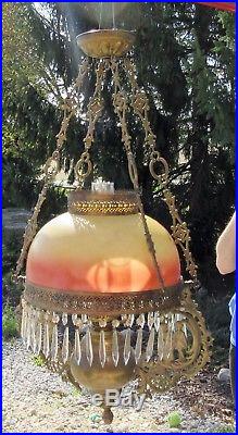 Antique Hanging Kerosene Oil Lamp Victorian Children floral shade prisms & bell