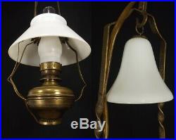 Antique Hanging Oil Lamp VICTORIAN vintage smoke bell milk glass shade BRASS