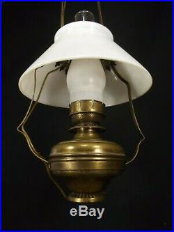 Antique Hanging Oil Lamp VICTORIAN vintage smoke bell milk glass shade BRASS