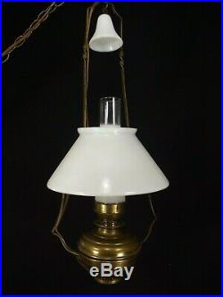 Antique Hanging Oil Lamp VICTORIAN vintage smoke bell milk glass shade BRASS