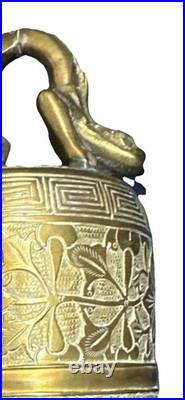 Antique Heavy Brass Chinese Temple Bell With Dragon Floral Accent