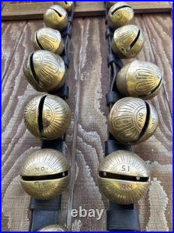Antique Horse Sleigh Bells, 18 Brass Graduated Bells, Double Leather Straps (2)