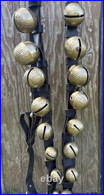 Antique Horse Sleigh Bells, 18 Brass Graduated Bells, Double Leather Straps (2)