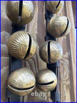 Antique Horse Sleigh Bells, 18 Brass Graduated Bells, Double Leather Straps (2)