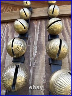 Antique Horse Sleigh Bells, 18 Brass Graduated Bells, Double Leather Straps (2)