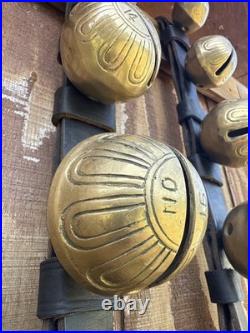 Antique Horse Sleigh Bells, 18 Brass Graduated Bells, Double Leather Straps (2)