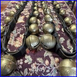 Antique Horse Sleigh Bells, 18 Brass Graduated Bells, Double Leather Straps (2)