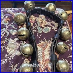 Antique Horse Sleigh Bells, 18 Brass Graduated Bells, Double Leather Straps (2)
