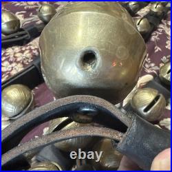 Antique Horse Sleigh Bells, 18 Brass Graduated Bells, Double Leather Straps (2)