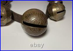 Antique Horse Sleigh Bells 78 Leather strap Brass Graduated Sizes No.'s 1 18