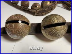 Antique Horse Sleigh Bells 78 Leather strap Brass Graduated Sizes No.'s 1 18