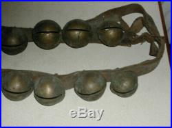 Antique Horse Sleigh Bells Cast Brass On Double Leather Belt 23