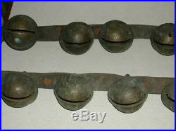 Antique Horse Sleigh Bells Cast Brass On Double Leather Belt 23