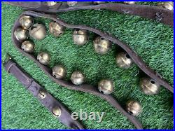 Antique Horse Sleigh Bells Double Leather Strap Brass 32 Bells Graduated