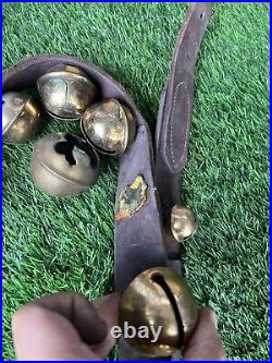 Antique Horse Sleigh Bells Double Leather Strap Brass 32 Bells Graduated