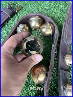 Antique Horse Sleigh Bells Double Leather Strap Brass 32 Bells Graduated