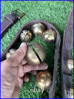 Antique Horse Sleigh Bells Double Leather Strap Brass 32 Bells Graduated