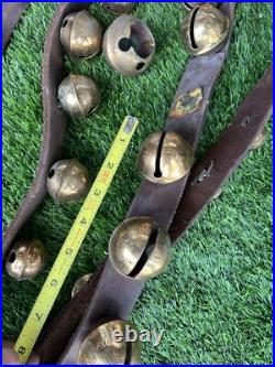 Antique Horse Sleigh Bells Double Leather Strap Brass 32 Bells Graduated