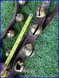 Antique Horse Sleigh Bells Double Leather Strap Brass 32 Bells Graduated