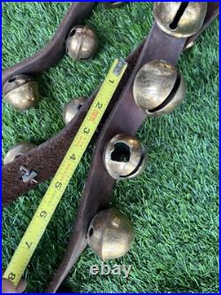Antique Horse Sleigh Bells Double Leather Strap Brass 32 Bells Graduated