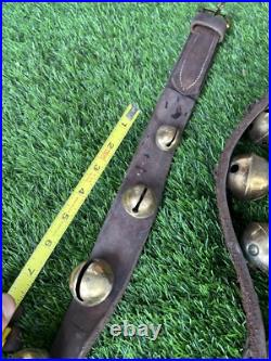 Antique Horse Sleigh Bells Double Leather Strap Brass 32 Bells Graduated