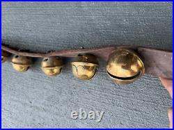Antique Horse Sleigh Bells Double Leather Strap Brass 32 Bells Graduated