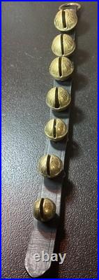 Antique Horse Sleigh Bells Leather Strap Brass Graduated Sizes 23'Long