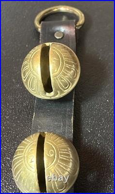Antique Horse Sleigh Bells Leather Strap Brass Graduated Sizes 23'Long