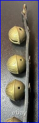 Antique Horse Sleigh Bells Leather Strap Brass Graduated Sizes 23'Long