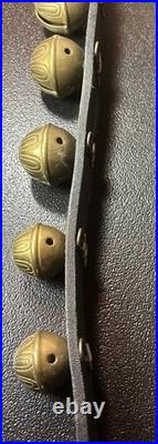 Antique Horse Sleigh Bells Leather Strap Brass Graduated Sizes 23'Long