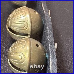 Antique Horse Sleigh Bells Leather Strap Brass Graduated Sizes 23'Long