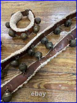 Antique Horse Sleigh Bells Leather strap Brass Bell Set