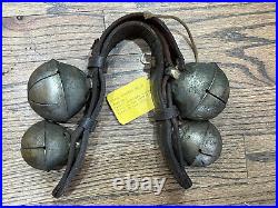Antique Horse Tack 4 XXL Brass Sleigh Bells Leather Strap Harness Provenance