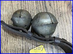 Antique Horse Tack 4 XXL Brass Sleigh Bells Leather Strap Harness Provenance